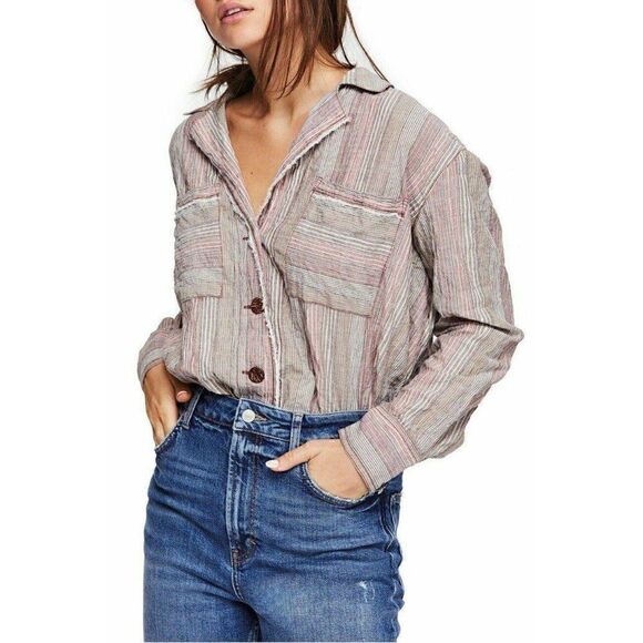 Free People Striped Button Down Shirt Top XS NEW - Picture 2 of 8